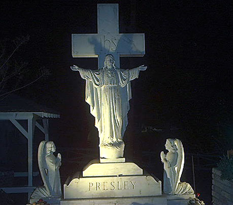 Presley family statue watching over the Meditation Garden